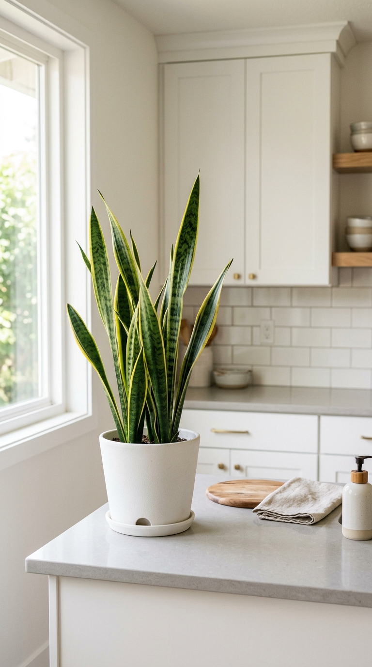 Snake plant in a ceramic pot styled in a minimalist kitchen