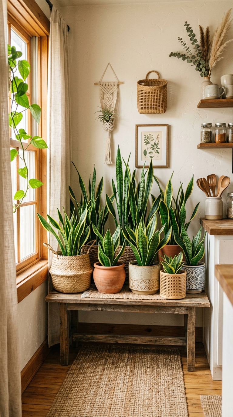 Cluster of snake plants styled in a boho kitchen corner
