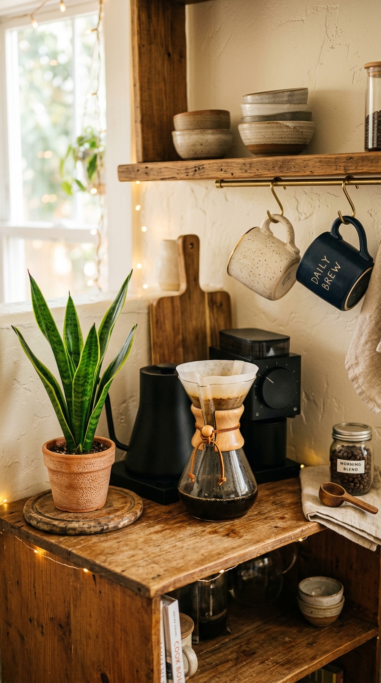 Snake plant styled on a coffee station shelf in the kitchen