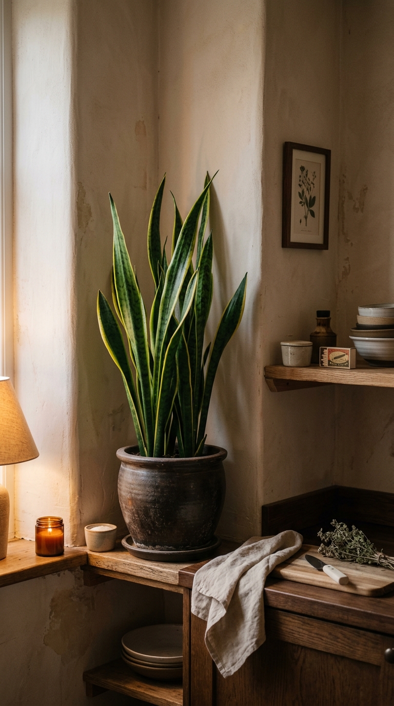 Snake plant styled as a low-light fix in a dark kitchen corner