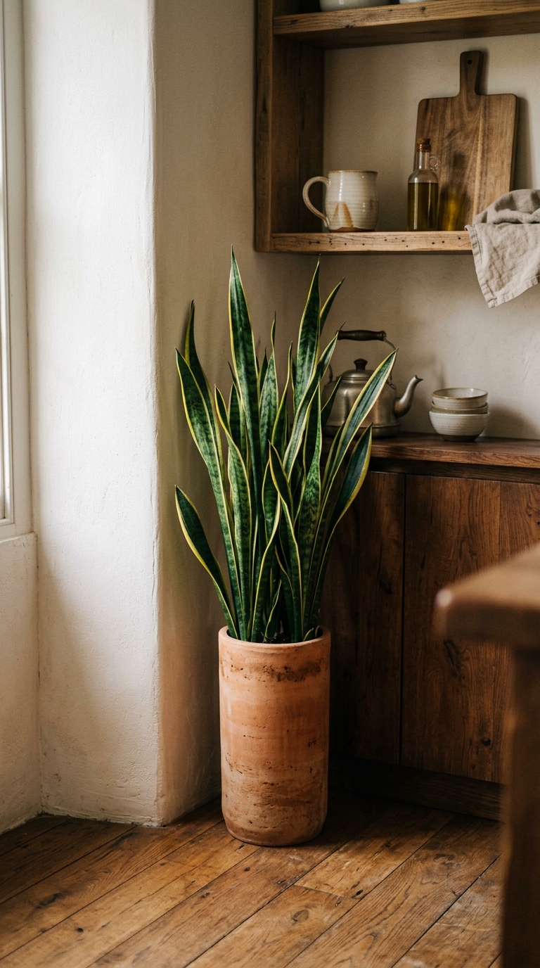 Snake plant styled in a low-light kitchen corner