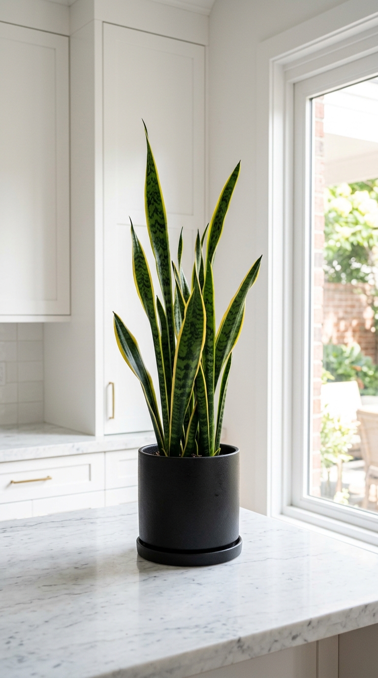 Tall snake plant styled as a statement piece on a kitchen counter