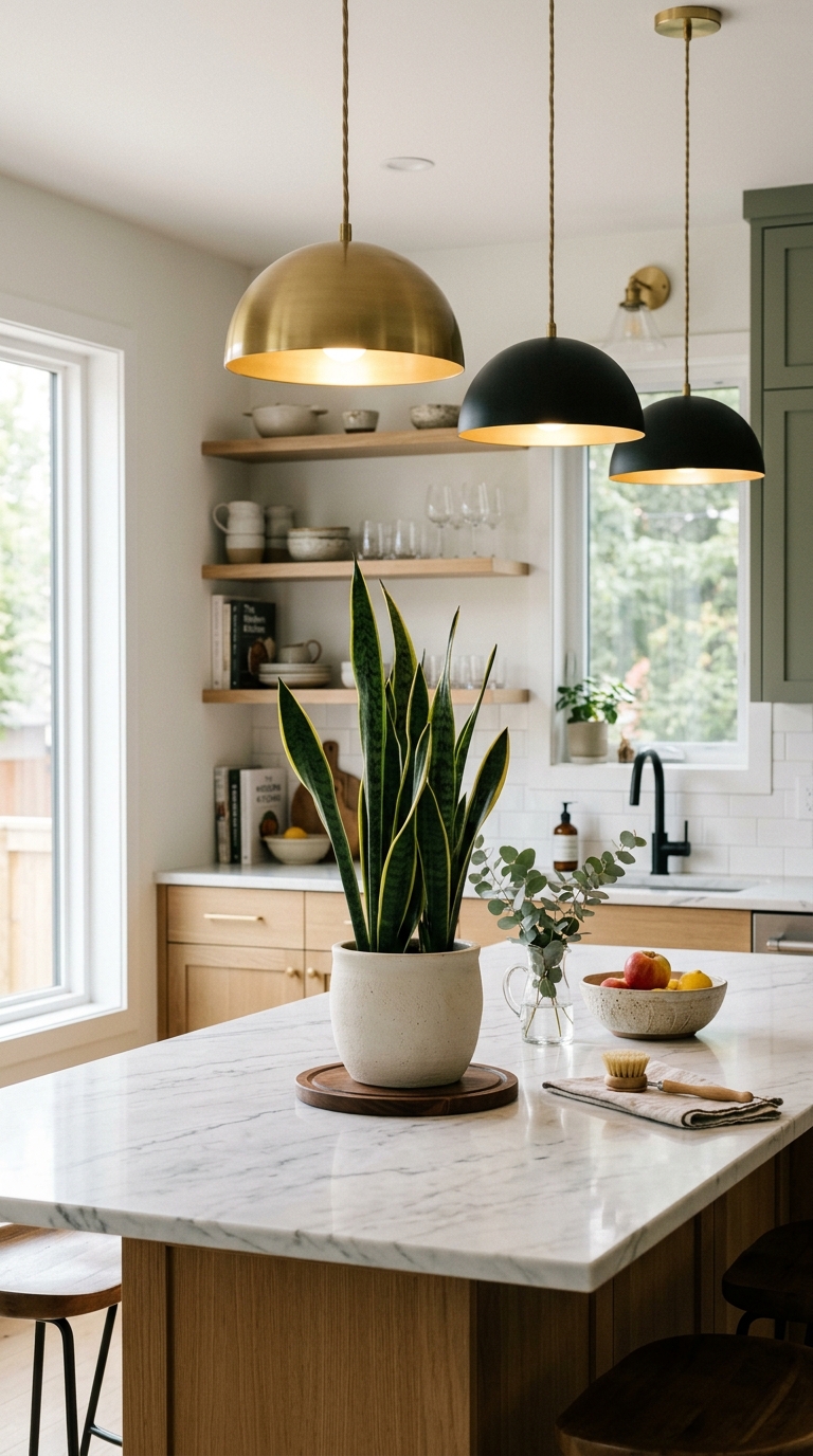 Snake plant styled as a centerpiece on a kitchen island
