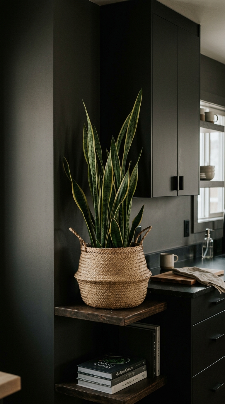 Snake plant styled in a low-light kitchen corner