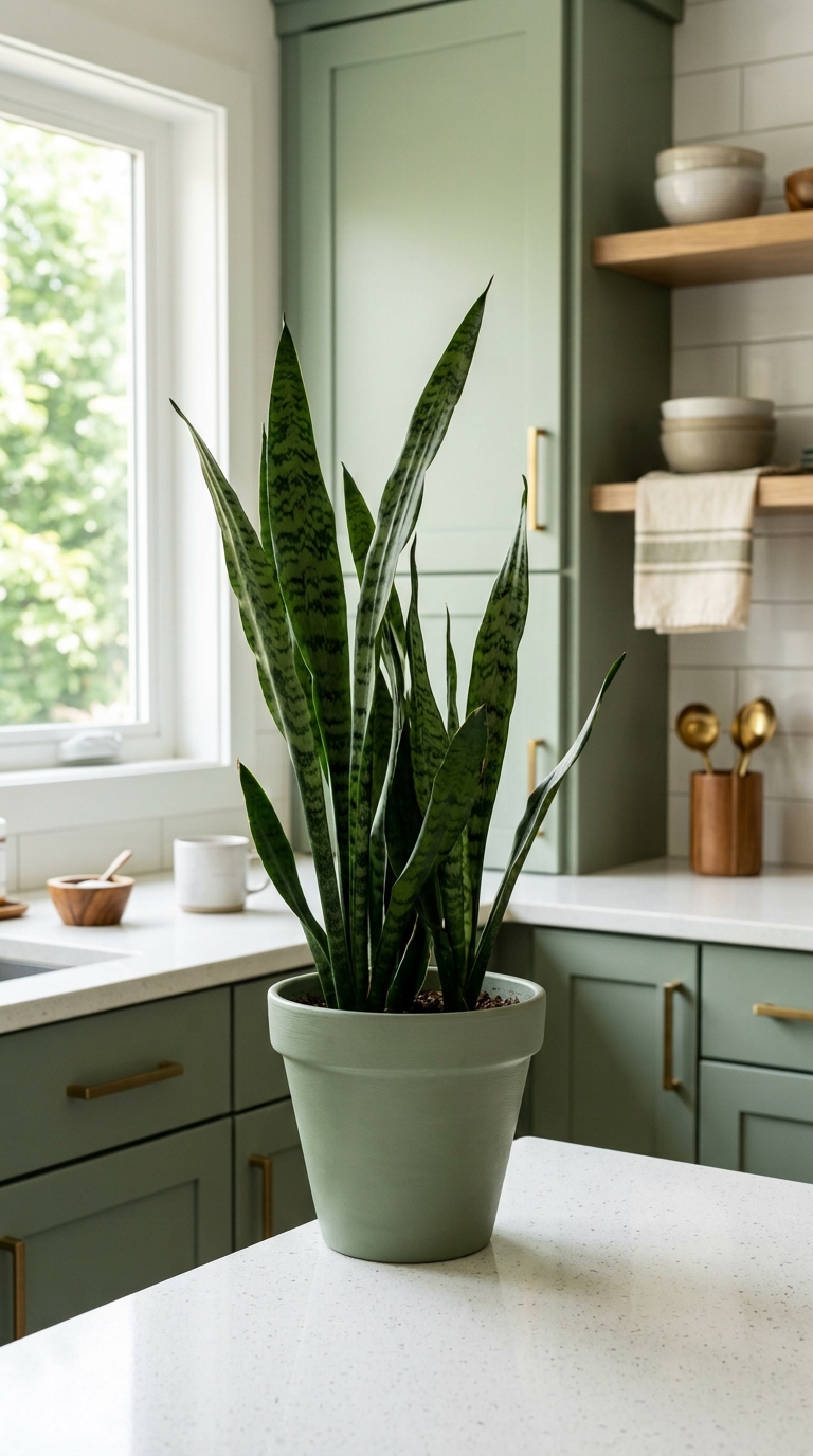 Snake plant in a pot painted to match the kitchen cabinet color