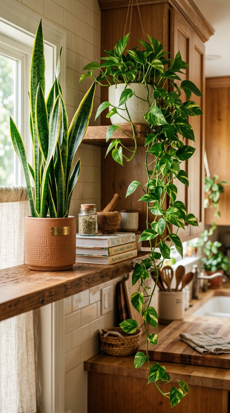 Snake plant paired with trailing pothos in a kitchen display