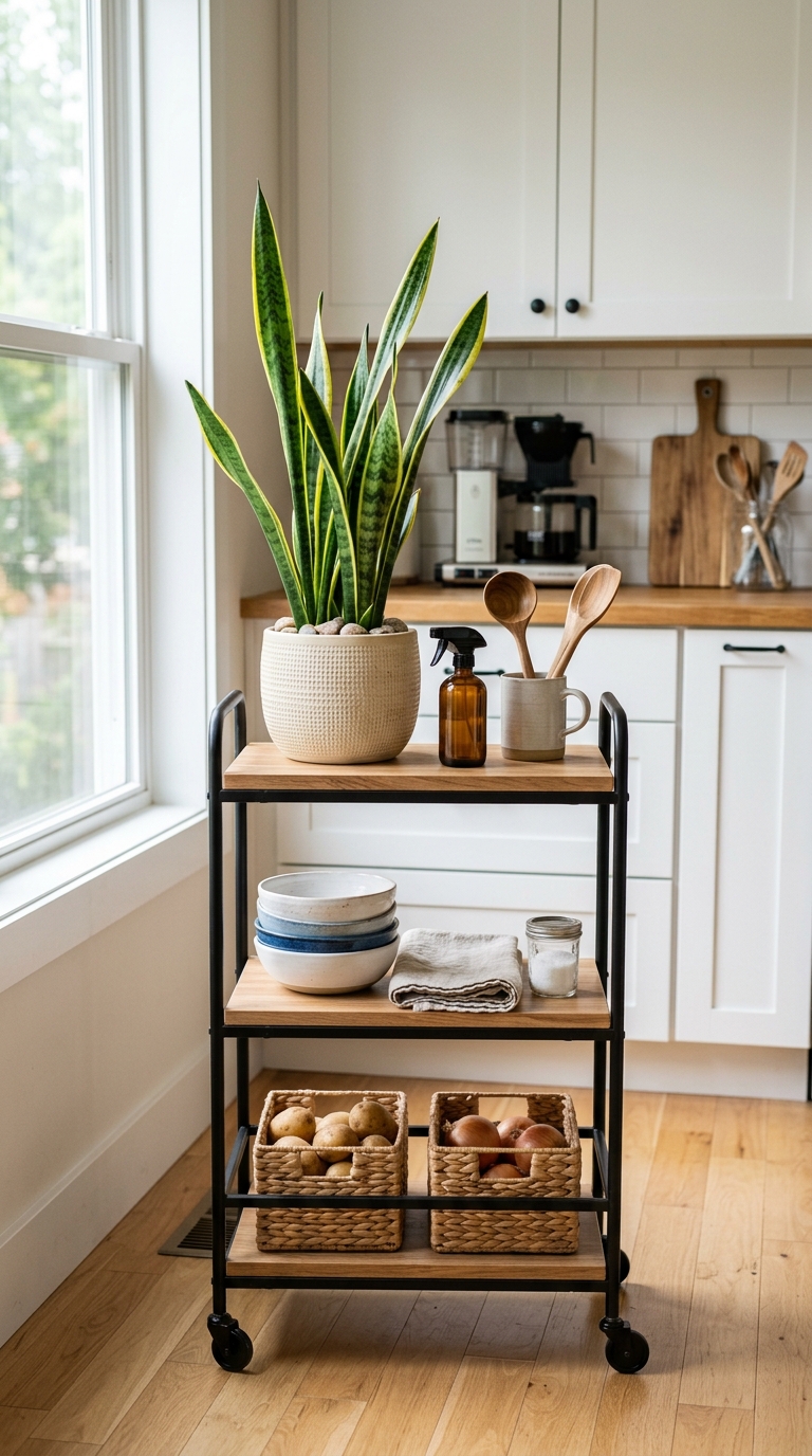 Snake plant styled on a rolling cart in the kitchen