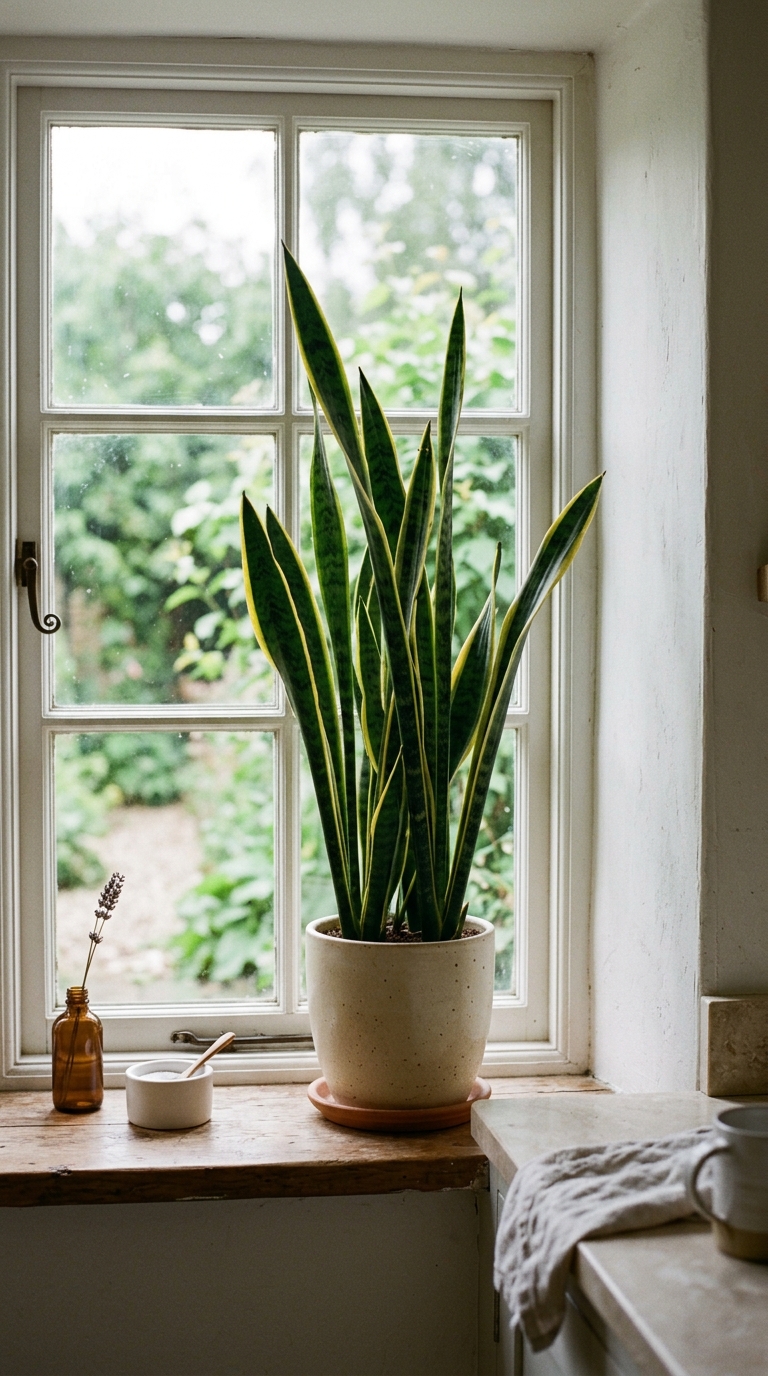 Snake plant styled on a shaded kitchen windowsill in a ceramic pot