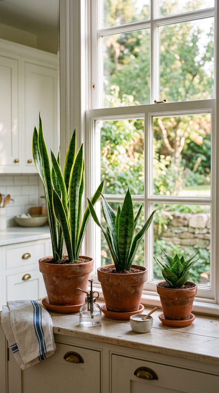 Trio of snake plants styled on a kitchen windowsill