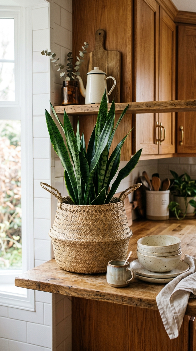 Snake plant styled in a woven basket for farmhouse kitchen decor