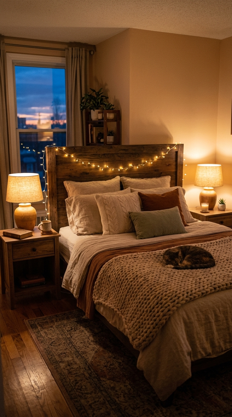 Warm ambient string lighting and table lamps creating a cozy glow in a couples bedroom