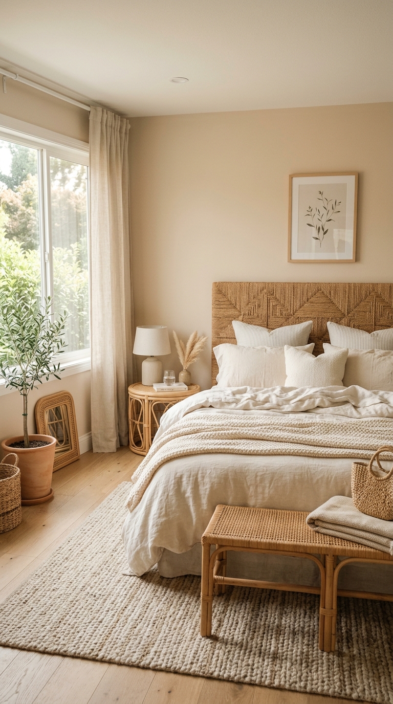 Soft beige bedroom wall paint creating a gentle, welcoming atmosphere
