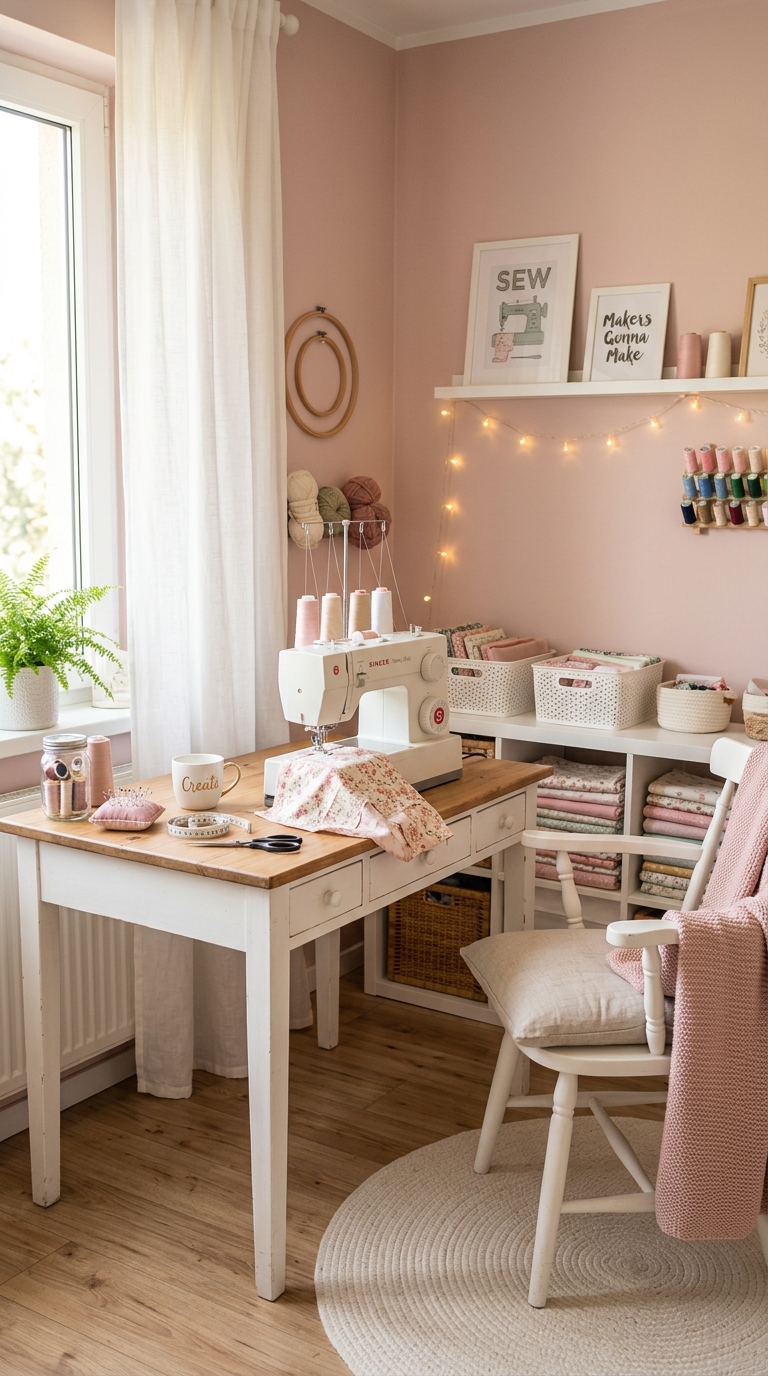 Soft pastel pink sewing room with calming color palette and natural light