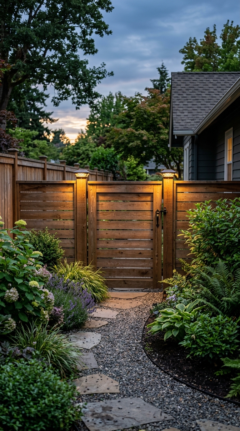 Side yard privacy gate idea with solar lighting for nighttime safety