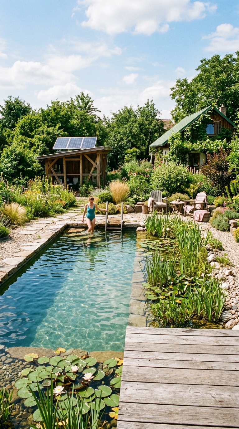Natural swimming pool with solar-powered filtration system and plant-based filtration
