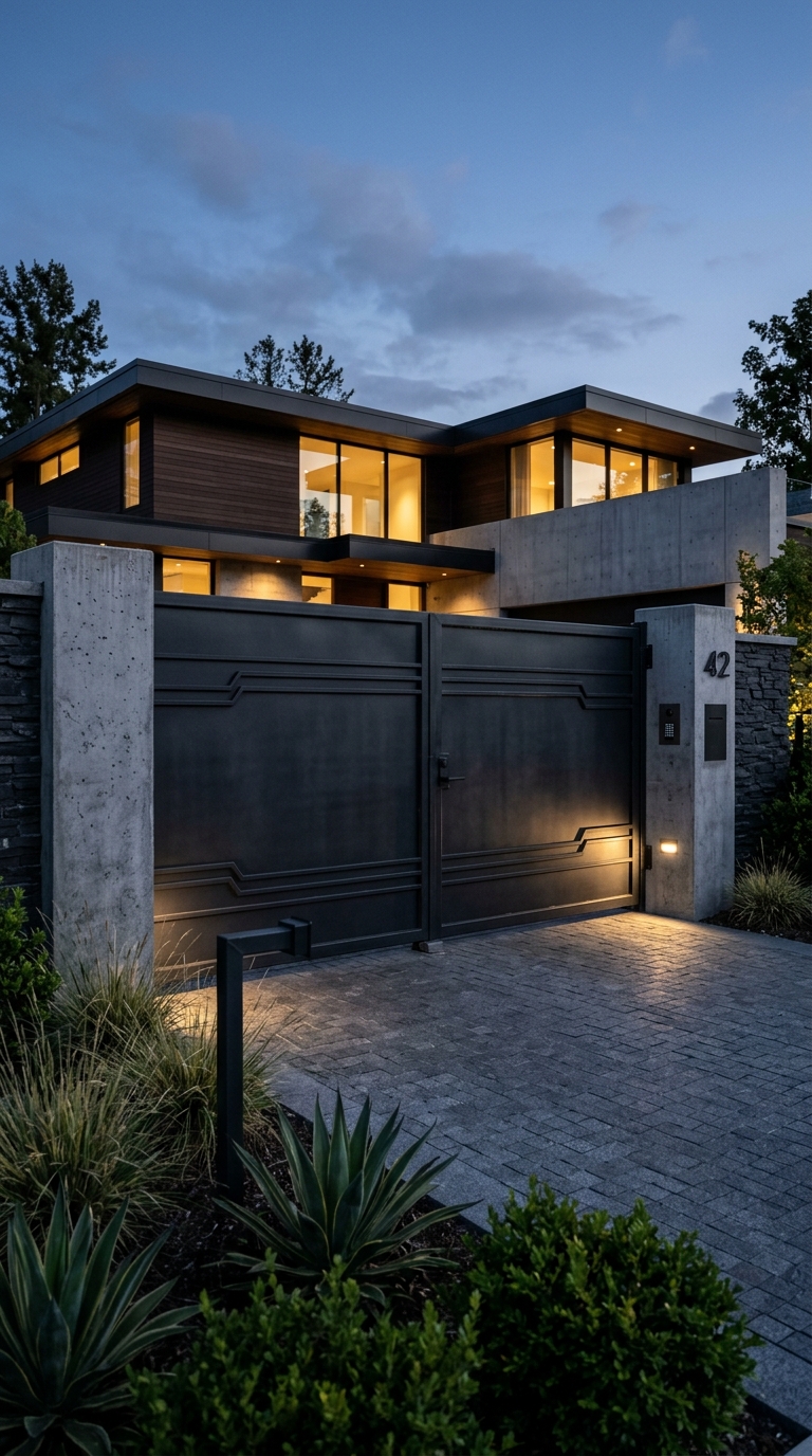 Solid metal driveway security gate for privacy