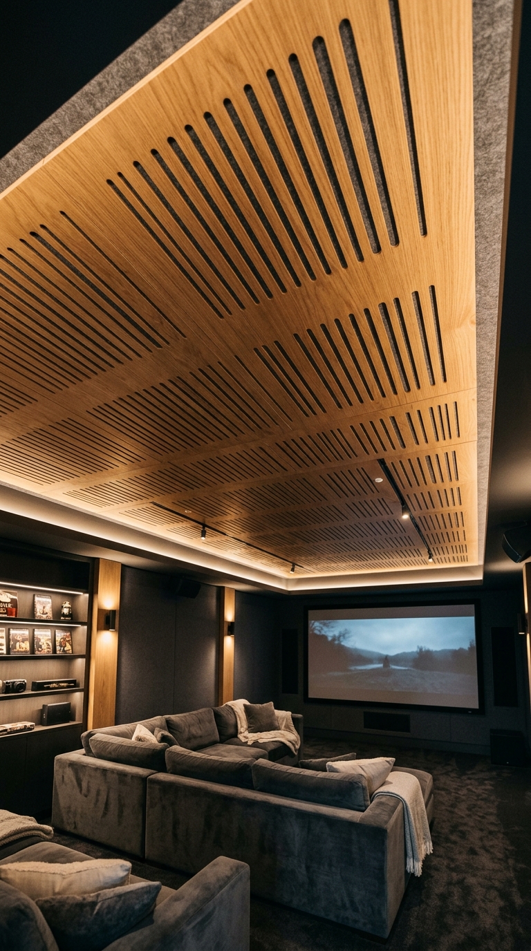Slotted acoustic plywood ceiling panels installed in a home theater