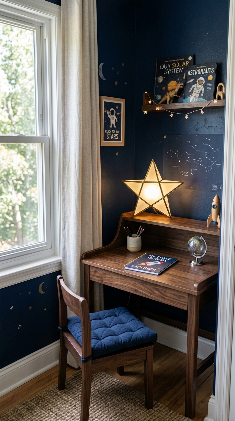 Space-themed desk nook with star lamp in kids' bedroom