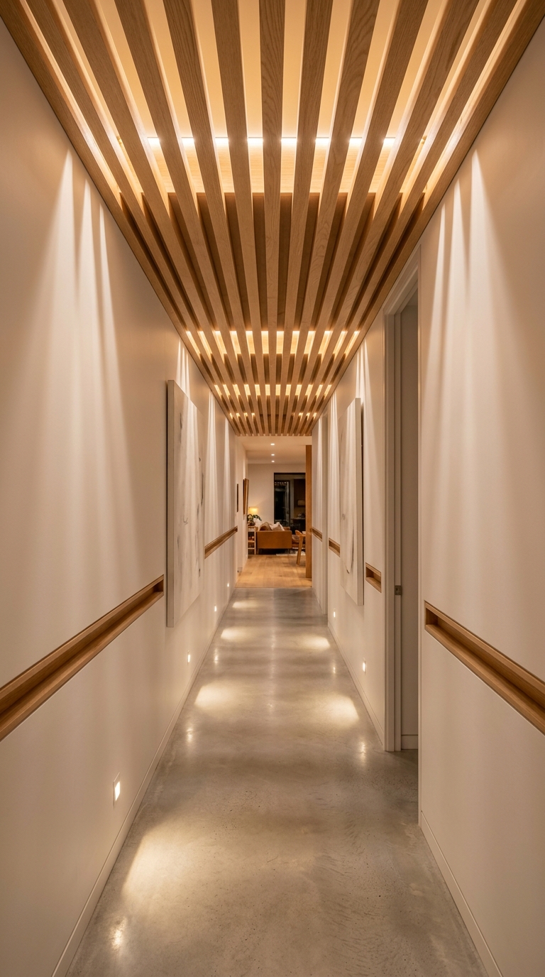 Spaced wood slat ceiling creating shadow lines in a modern hallway