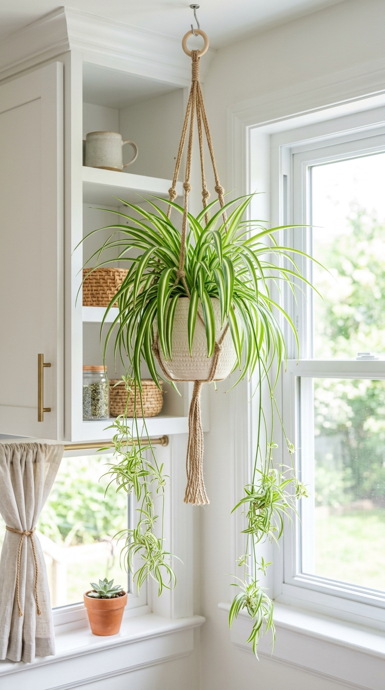 Spider plant hanging near a kitchen window for natural decor