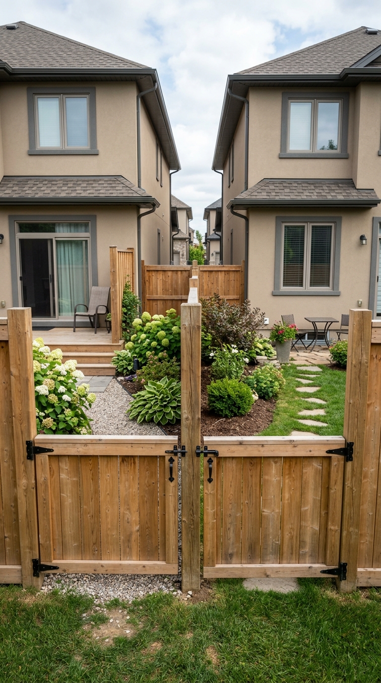 Split privacy gate idea for a shared side yard between duplex or townhouse neighbors