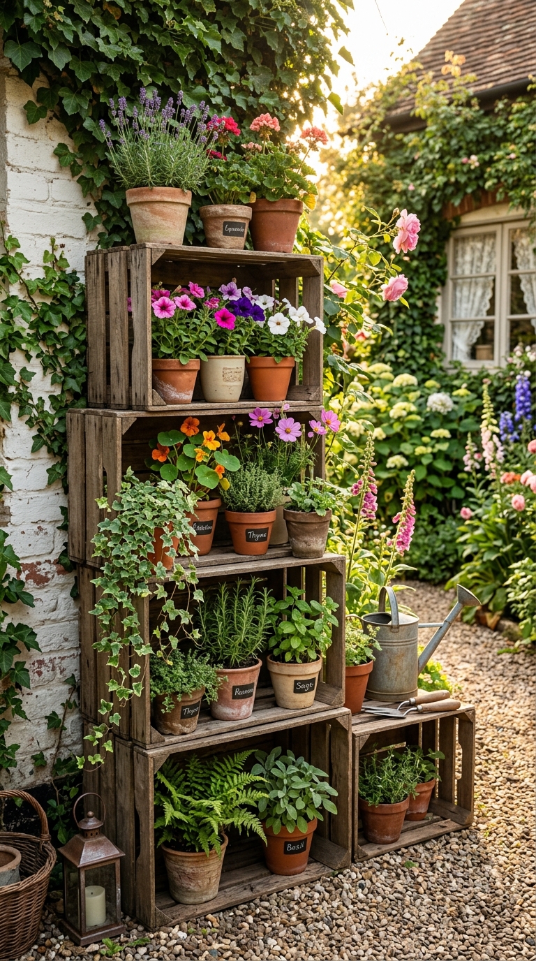 Stacked wooden crates used as a plant shelf display in a backyard corner