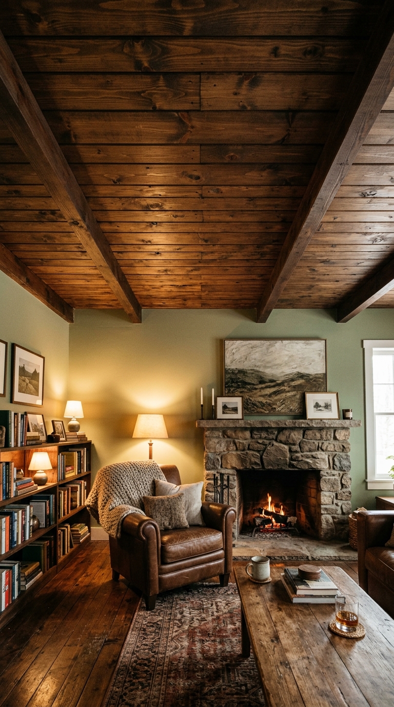 Stained construction-grade lumber wood ceiling
