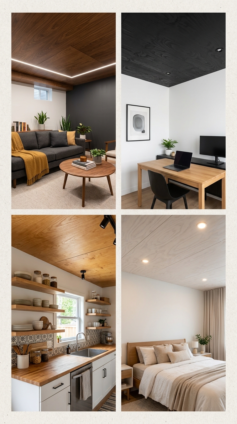 Modern basement lounge with a warm walnut-stained plywood panel ceiling.