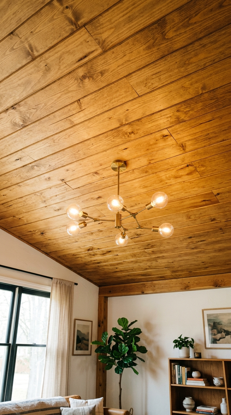 Stained plywood planks styled to look like hardwood on a living room ceiling