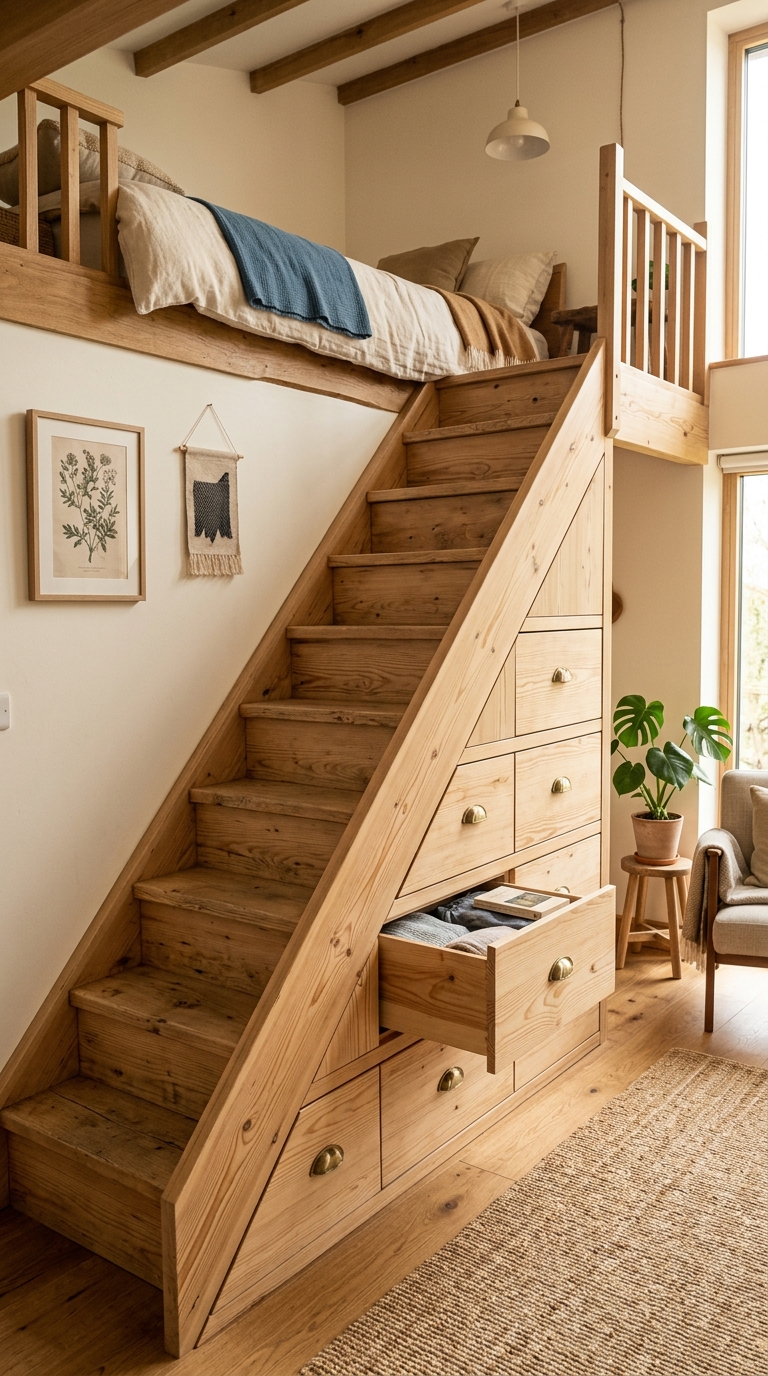 Loft bedroom staircase with built-in storage drawers in each step