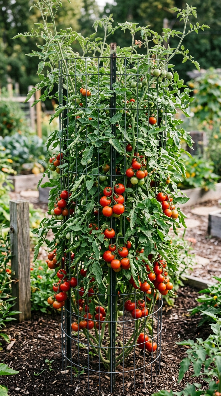 Stake-weave hybrid tomato trellis with vines trained upward in a tidy row