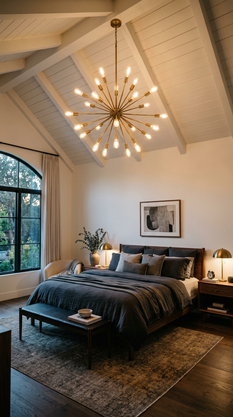 Large brass statement chandelier hanging under a vaulted bedroom ceiling at dusk