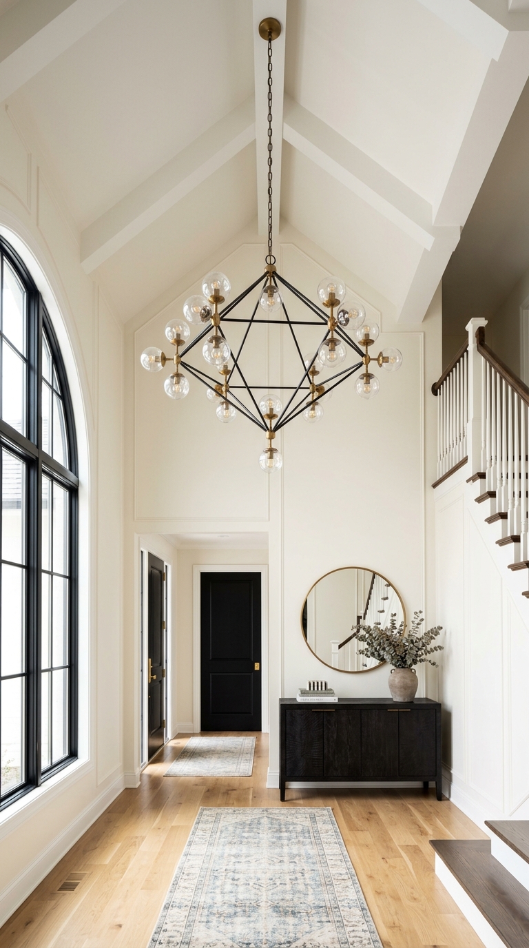 Oversized black and brass chandelier in a vaulted ceiling entryway