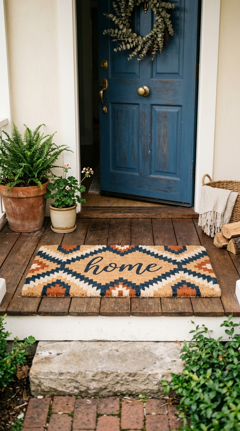 Statement doormat idea for upgrading a small front porch entryway