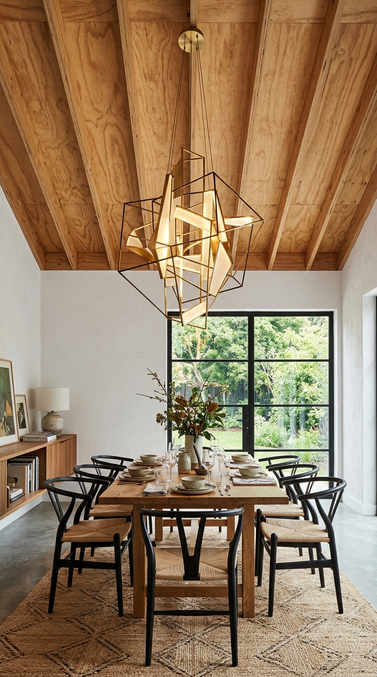 Oversized pendant light fixture against a natural plywood ceiling in a dining room
