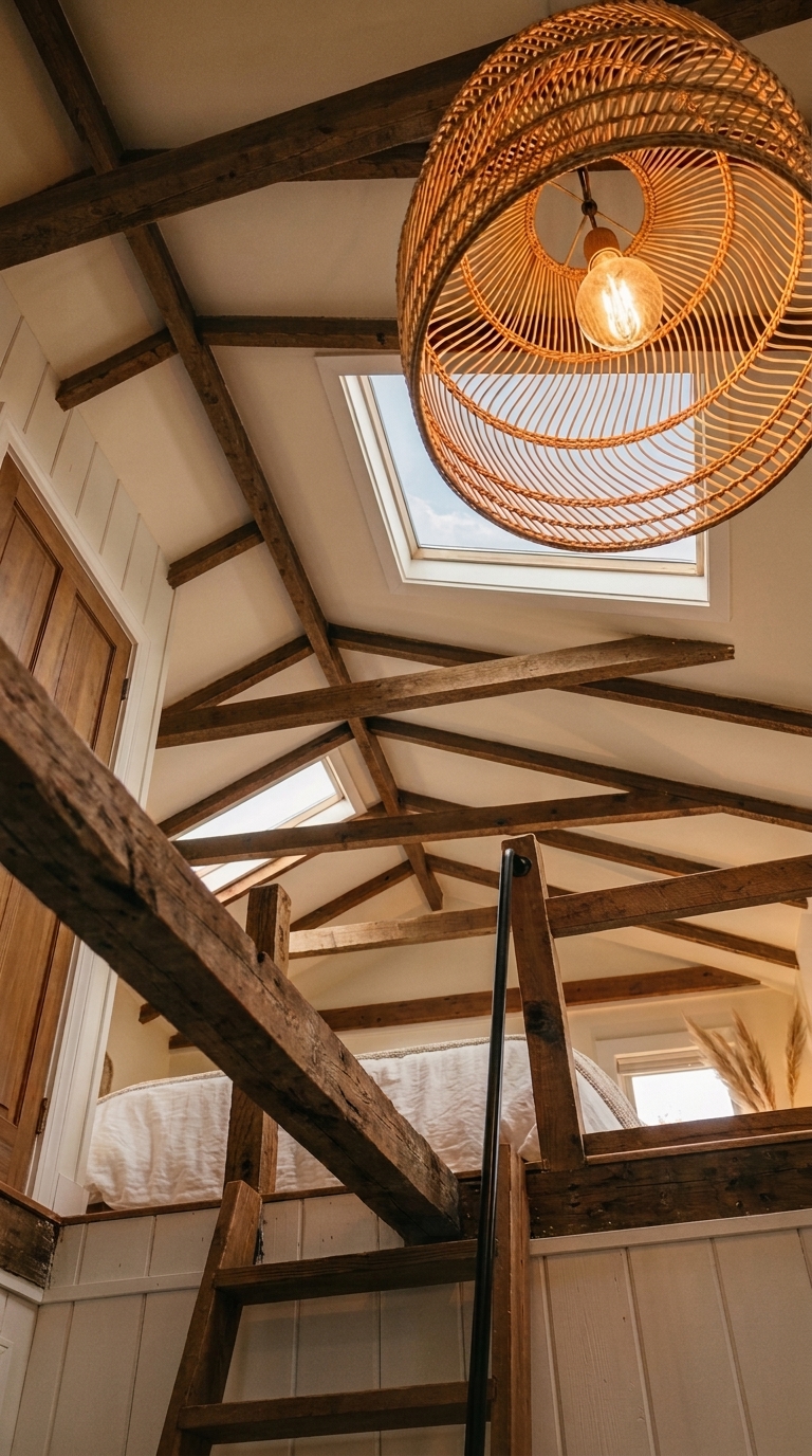 Loft bedroom with statement rattan pendant light as focal point