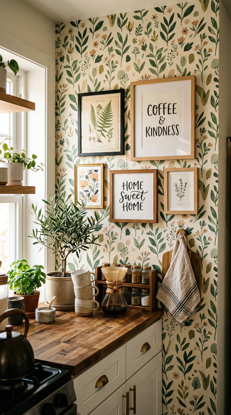 Peel-and-stick wallpaper statement wall in an apartment kitchen
