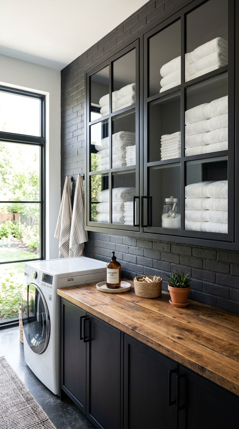 Steel-framed glass cabinet doors idea for industrial laundry room