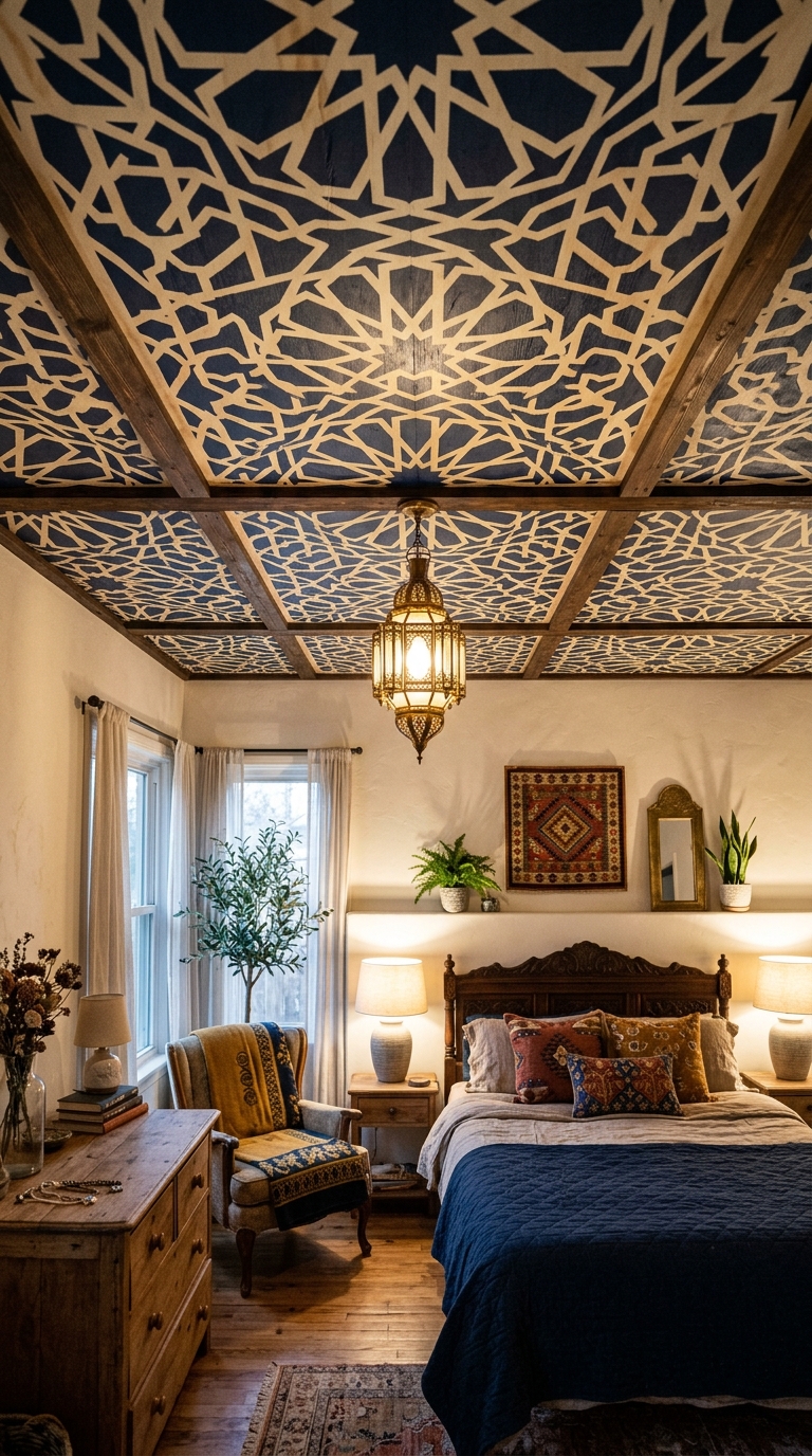Stenciled geometric pattern plywood statement ceiling