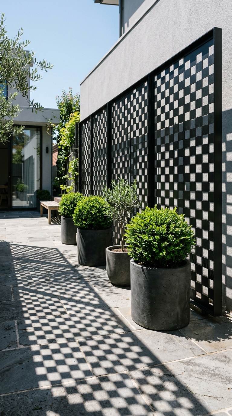 Stepped black fence panels on a terraced garden slope with raised beds