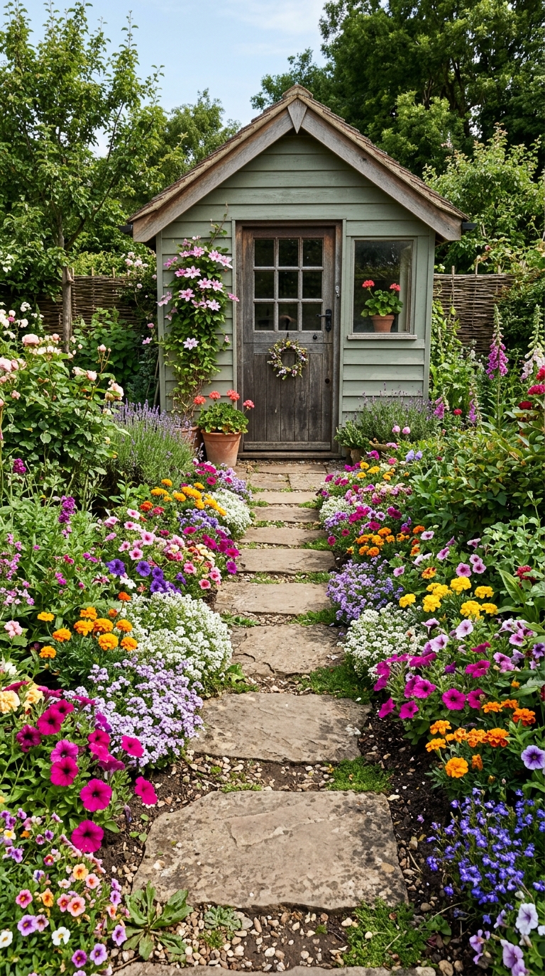 Stepping-stone path bordered with flowers leading to a garden shed door