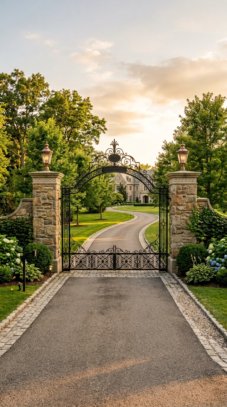 Stone pillar framed wrought iron driveway gate