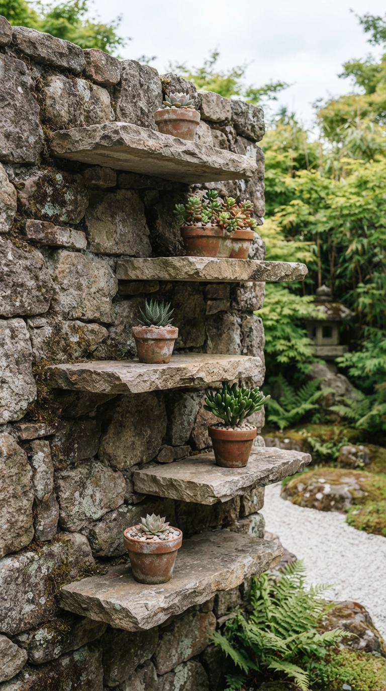 Stone slab plant shelf styled with succulents in a minimalist garden nook