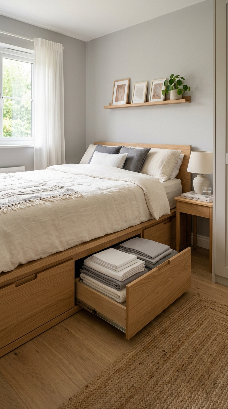 Storage bed frame with built-in under-bed drawers