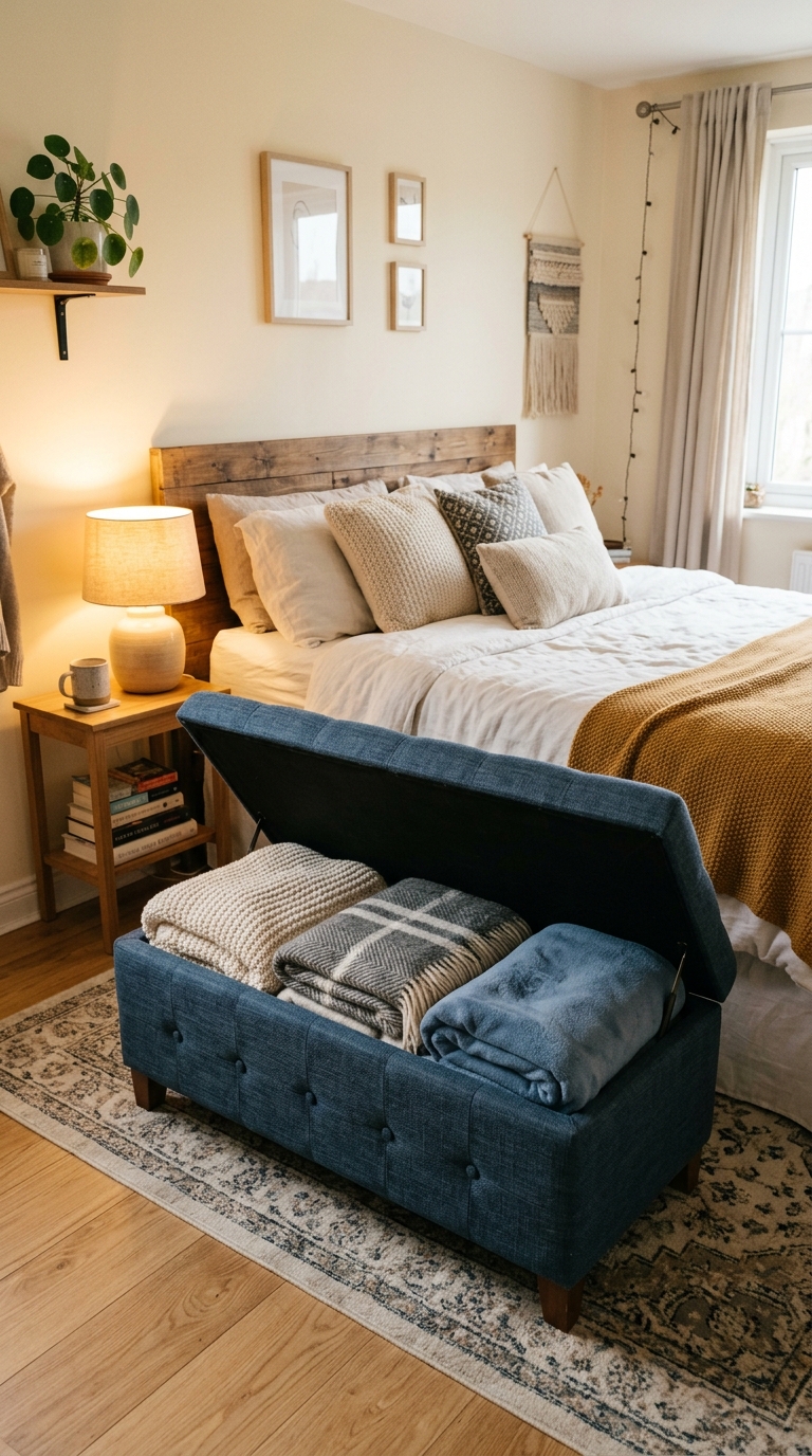 Storage ottoman doubling as bedroom seating