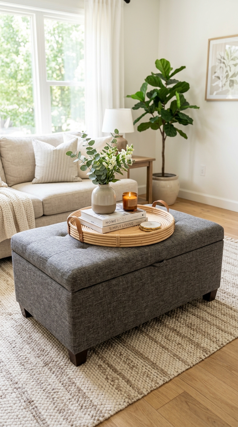 Storage ottoman coffee table styled with a lightweight decor tray on the lid