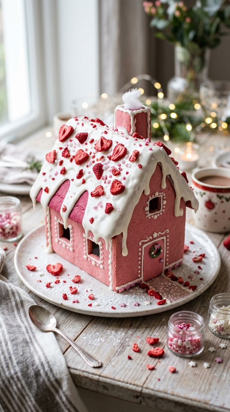 Pink gingerbread house with dripping white icing styled like strawberry shortcake