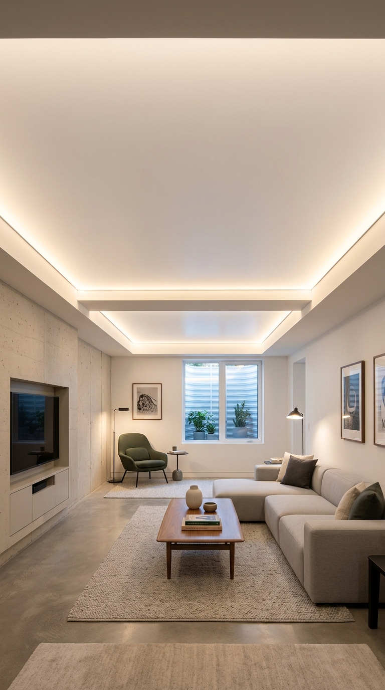 Smooth white stretch fabric ceiling in a modern basement lounge