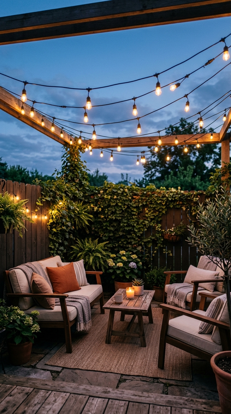 Café-style string light canopy idea for small patio