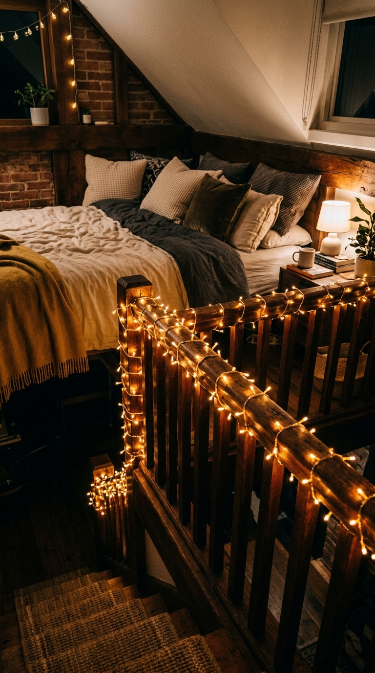 Loft bedroom railing decorated with warm string lightsLoft bedroom railing decorated with warm string lights